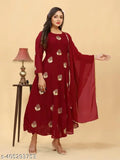 Marron pan3, Georgette, Zari embroidered anarkali kurti with four side lace, S (Bust Size: 36 in), vibrant party wear attire