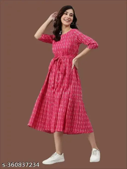 Pink cotton three-quarter sleeve Kurti, "Jeniffer" pattern, XS (34in bust), everyday style companion from Abhya's Top Quality collection