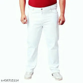 White plus size cotton blend slim-fit jeans for men. Ideal for casual and office wear. Perfect fit and premium fabric. Available in sizes 28, 30, 32, 34 (waist 34", length 39", hip 40"). Trendy white jeans, India origin