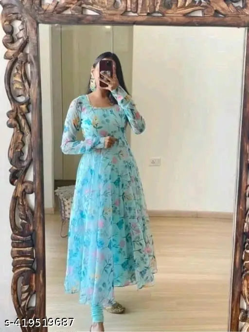 Printed Georgette trendy fashionista women's gown with short sleeves, size S-XXXL, handcrafted in India