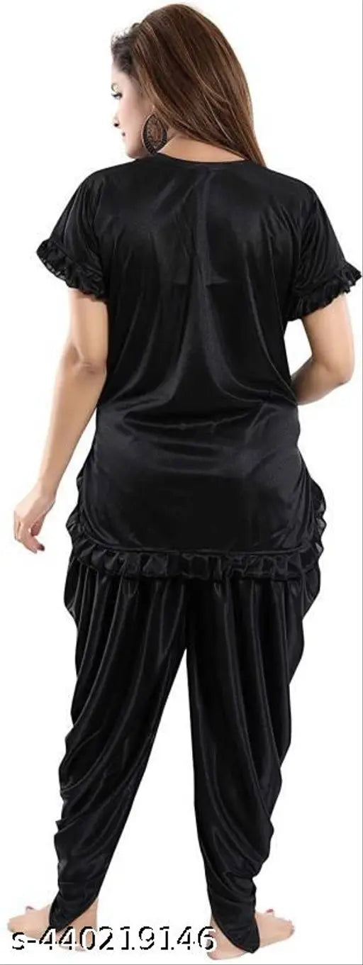 Black satin solid night suit set for women: Patiala top and pyjama bottoms, soft and breathable fabric, ideal for sleep or relaxation