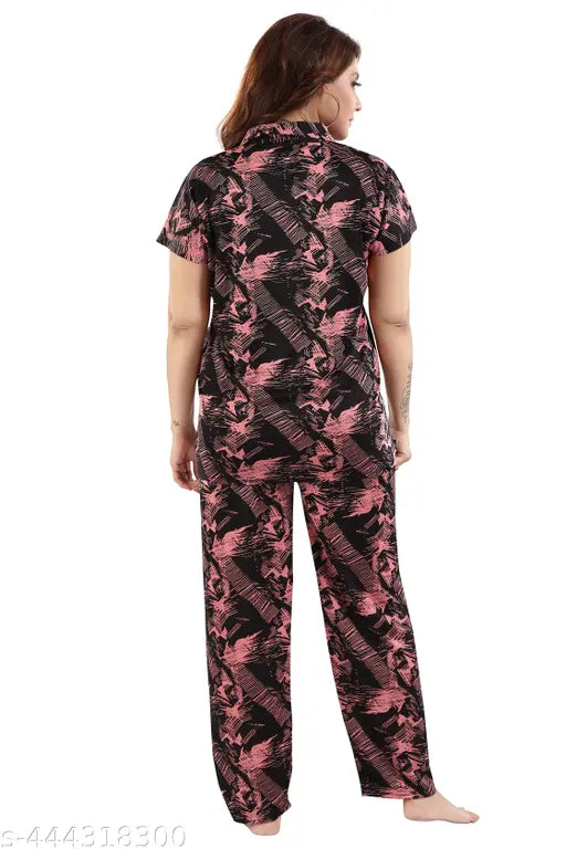 Women's printed satin kollar nightsuit set-short sleeve polyester top and bottom for sizes M, L, XL, XXL, made in India