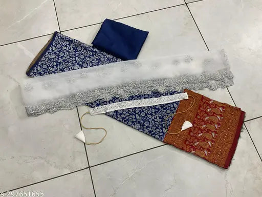 Zari-work South Indian art silk half saree set: unstitched choli, dupatta, and net skirt with lace and belt, ready to ship from India