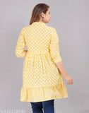 Yellow cotton Treandy tops for women with three-quarter sleeves and printed patterns, made in India