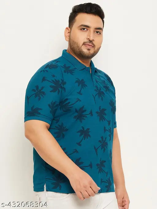 Large men's polo collar t-shirt with allover print, cotton blend, short sleeves, available in sizes 4XL (50 in chest, 30.5 in length) and 5XL (52 in chest, 31 in length)