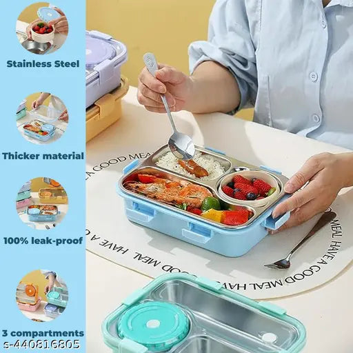Blue stainless steel bento box with 3 compartments, leak proof, insulated, air tight, includes utensils, sleek and compact design, BPA-free, perfect for kids, adults, men, women, made in India