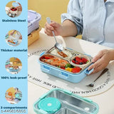 Blue stainless steel bento box with 3 compartments, leak proof, insulated, air tight, includes utensils, sleek and compact design, BPA-free, perfect for kids, adults, men, women, made in India