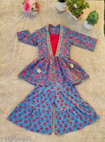 Vibrant printed A-line cotton kurti set with sharara & jacket style, for young girls aged 13-14 years, Indian origin