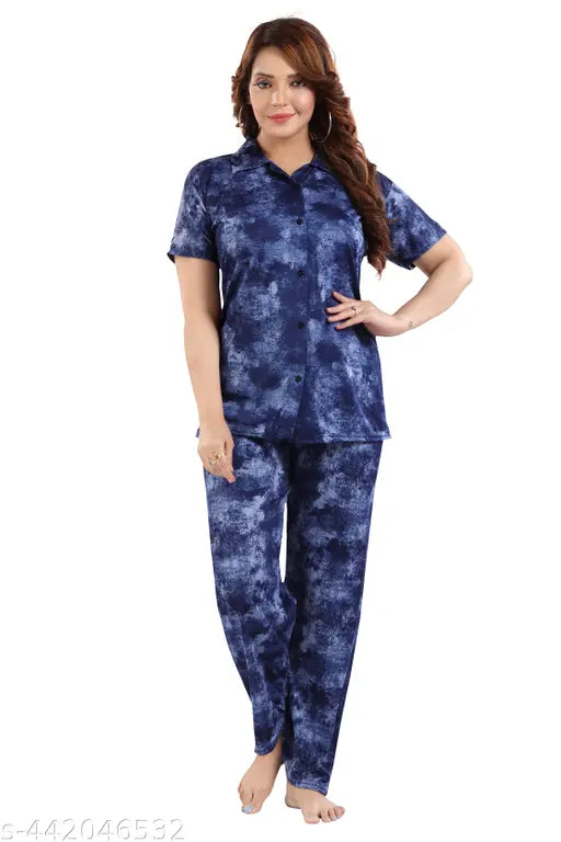 Women's printed satin night suite set - shirt and pyjama set - top and bottom set - nightdress set for women and girls. Solid patterned sleepwear in multiple sizes: M, L, XL, XXL from India