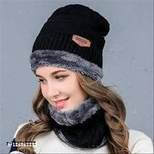 Wool winter cap set, onesize, stylish hat with neck cover, fur pattern, made in India
