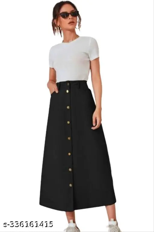 Black denim A-line maxi skirt, solid pattern, lightweight & breathable, women's skirt, fits all body types