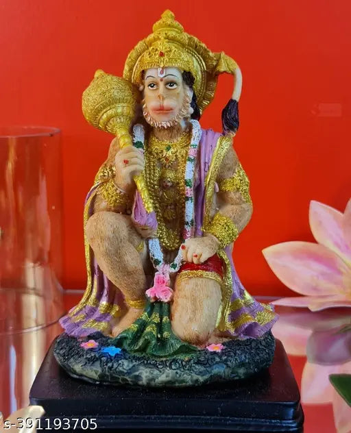 Gold polyresin SATYAM KRAFT Lord Hanuman Ji Idol with Gadha, ideal for home, office temple, or car dashboard decoration