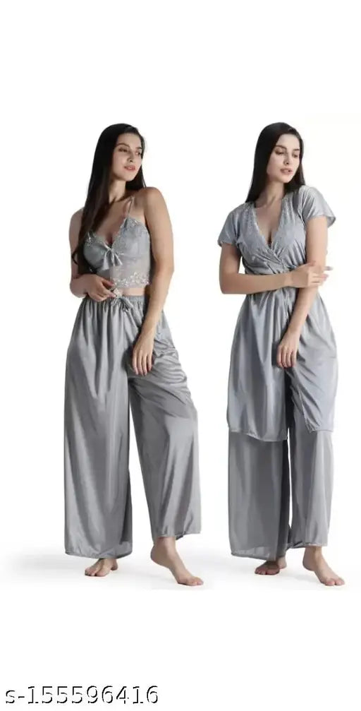 Sleeveless satin lace top pyjama set with embroidered net pattern, India-made sexy women's night wear