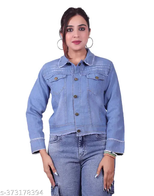 Light blue washed denim, three-quarter sleeve jacket for women's winter/summer wear, distressed denim jacket with pocket detailing