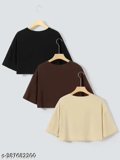 3pc letter graphic drop shoulder crop top: 90% cotton blend, short sleeves, printed net, perfect fit for all body types