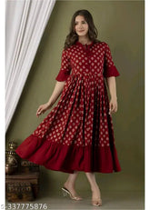 Stylish maroon rayon anarkali kurti, printed combo, three-quarter sleeves. Perfect for dinner parties or family gatherings, India