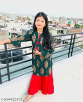 Printed rayon girls kurta and sharara with three-quarter sleeves, India origin, for ages 4-12 years