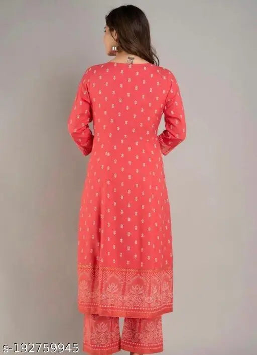 Women's rayon printed Anarkali kurti set with pant and dupatta, three-quarter sleeves, ideal for traditional festivals. Indian designer ethnic wear, high-quality rayon fabric
