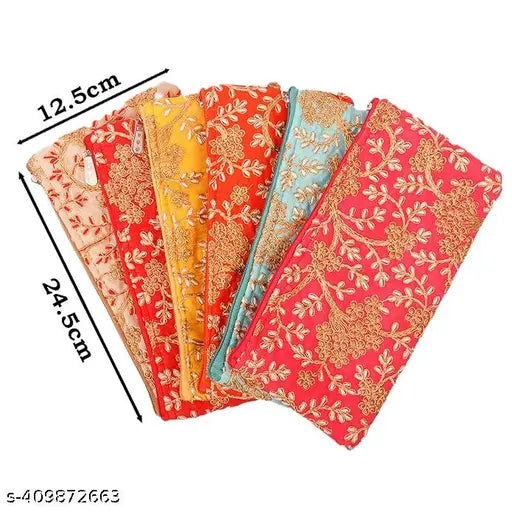 Traditional vintage embroidered potli purse (set of 6), multi-colored silk fabric, ethnic Indian party bag (L x W: 12.5 x 24.5 cm)