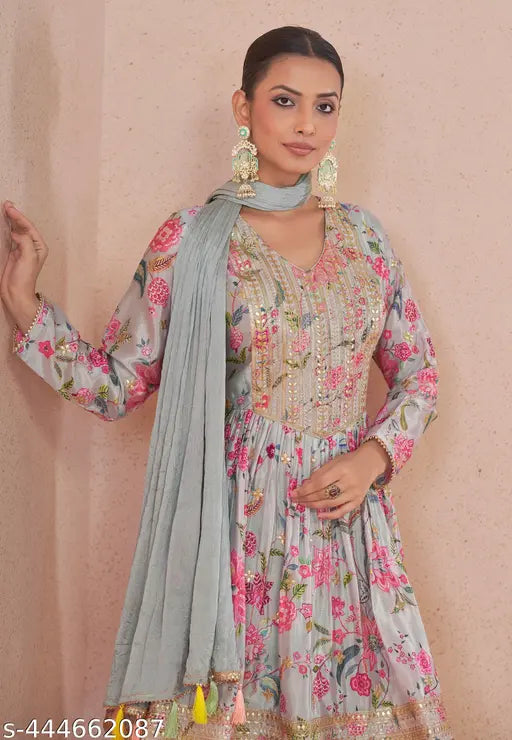 Grey chiffon Miss Ethnik Chinon Kurta Sharara Set with Santoon inner and embroidered dupatta, full-stitched long sleeves