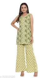 Pure cotton floral printed straight kurti & palazzo set, sleeveless, eye-catching colors, perfect for women's events