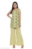 Pure cotton floral printed straight kurti & palazzo set, sleeveless, eye-catching colors, perfect for women's events