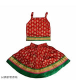 Red kids buti skirt top set with rayon fabric, sleeveless and printed lehenga, block stitch type, on display for children's fashion in 9-12 months to 5-6 years sizes
