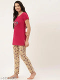 Cotton Broowl women's long top & pyjama suit set, printed net design, soft & comfy Indian import