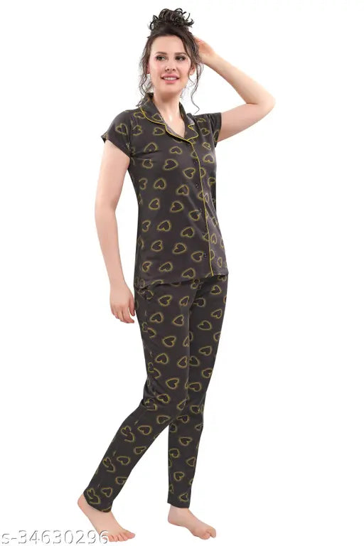 Ash grey hosiery half sleeve shirt & pyjama night suit, printed net lounge wear for women