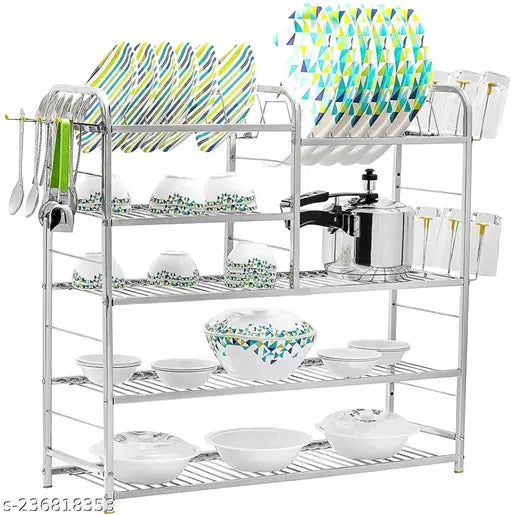Stainless steel Akaya Creations WINSTAR kitchen utensil rack, 10"x31"x30", with plate & cutlery stand & 2 glass holders