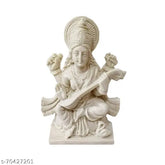 White polyresin Maa Saraswati idol statue, Indian god figurine on pedestal