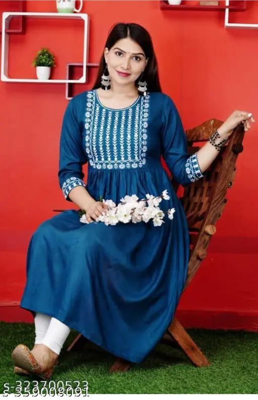 Blue rayon Anarkali suit with acrylic pants, three-quarter sleeves, solid design for women