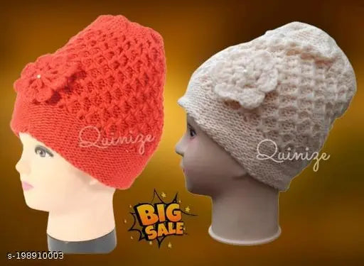 Winter soft, warm woolen beanie (pack of 2) - traditional pompom cap for women, free size - Indian-made knitted accessory