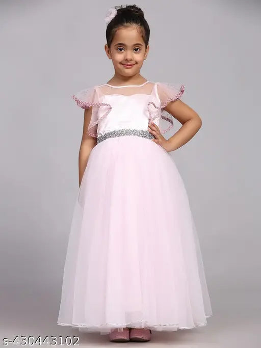 Pink net party gown for kids, embellished waistline and flared sleeves, solid pink design, size 1-14 years
