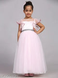 Pink net party gown for kids, embellished waistline and flared sleeves, solid pink design, size 1-14 years