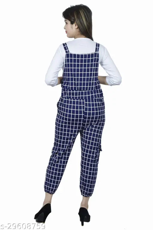 Blue cotton blend checked dungaree dress with three-quarter sleeves and stretchable Lycra, distress look, stainless steel lock, trendy women's fashion, India