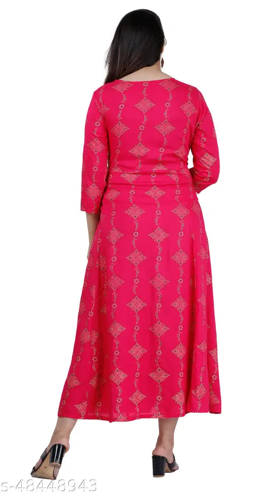 Rani Pink Rayon Anarkali Kurti with Sanganeri Gold Print, 3/4 sleeves, India-made