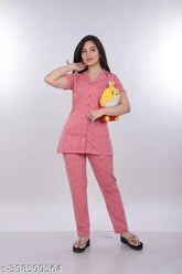 Cotton blend printed night suit with casual collar half sleeve, women's top & cotton pyjamas bottom, summer style