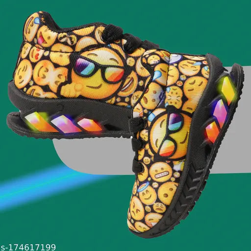 Black and yellow Bunnies Shiny9 walking shoes for kids, lace-up mesh material, vibrant printed net design