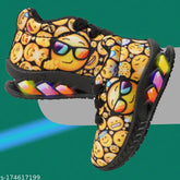 Black and yellow Bunnies Shiny9 walking shoes for kids, lace-up mesh material, vibrant printed net design