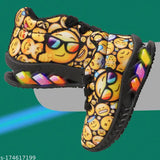 Black and yellow Bunnies Shiny9 walking shoes for kids, lace-up mesh material, vibrant printed net design