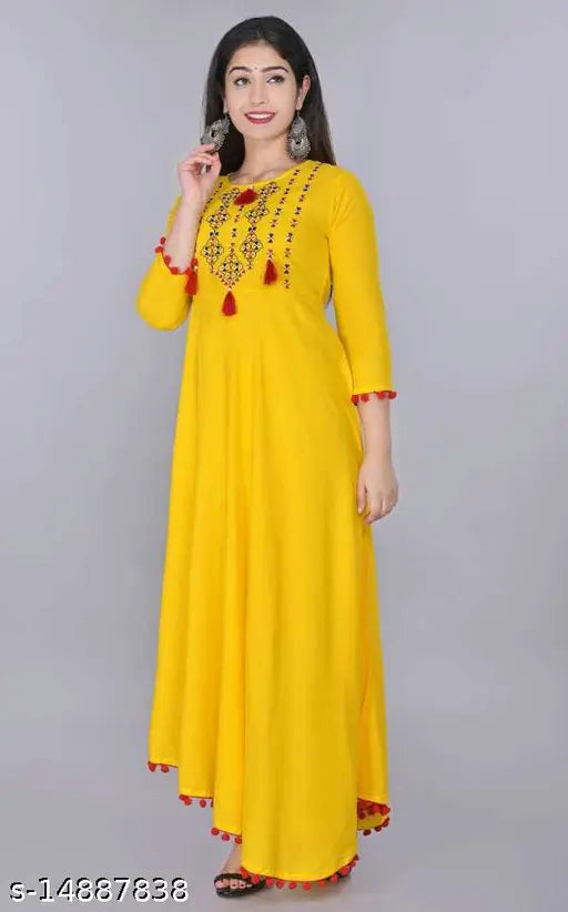 Yellow rayon Anarkali kurti with embroidered patterns, three-quarter sleeves for women