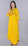 Yellow rayon Anarkali kurti with embroidered patterns, three-quarter sleeves for women