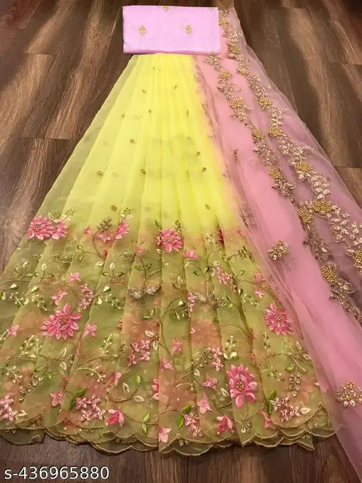 Dupion silk and net Lehenga Choli with floral embroidery, heavy thread work, free size (44in waist, 43in length), India-made