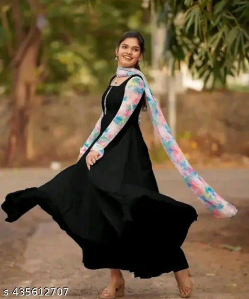 Black georgette gown with long sleeves, printed combo, no botamwer. Pastel shades dress set for women, perfect match with contrasting colors, made in India