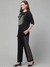 Cotton blend solid relaxed fit coord and trouser set for women, three-quarter sleeves, premium co-ords on display, India origin