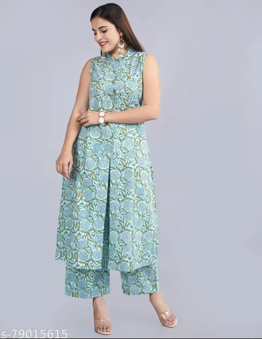 Women's cotton printed sleeveless kurta with plazzo set, vibrant Indian ethnic wear in fine quality cotton cambric