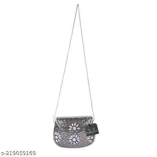 Silver suede PARATO woman's clutch with sheep design, perfect for parties and special events, handcrafted in India