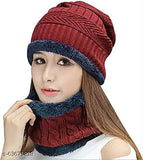 Maroon woolen beanie cap with fur lining - soft, snow-proof, unisex winter accessory