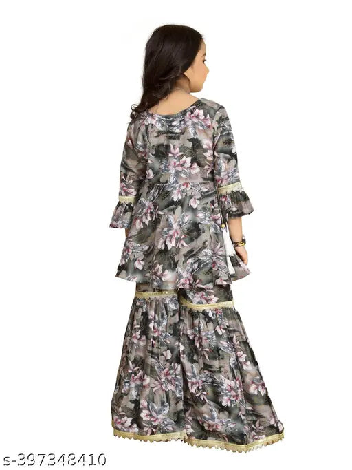 Kora muslin printed top with sharara set for girls, Indian ethnic wear for weddings and parties, three-quarter sleeves, vibrant colors and patterns